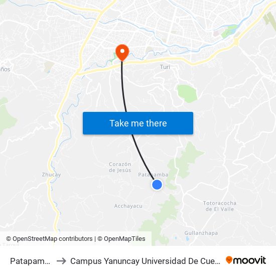 Patapamba to Campus Yanuncay Universidad De Cuenca map