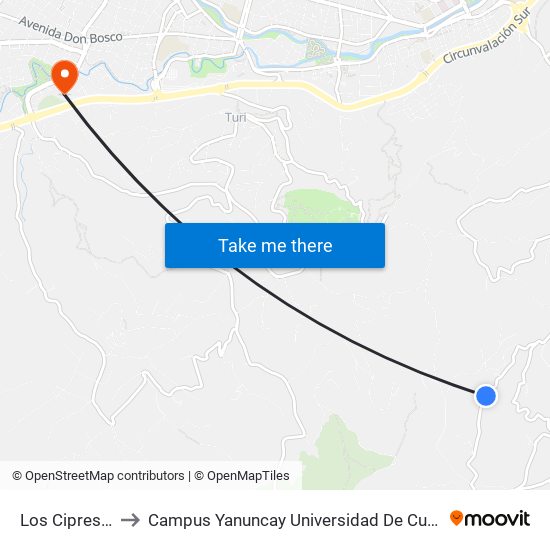 Los Cipreses to Campus Yanuncay Universidad De Cuenca map