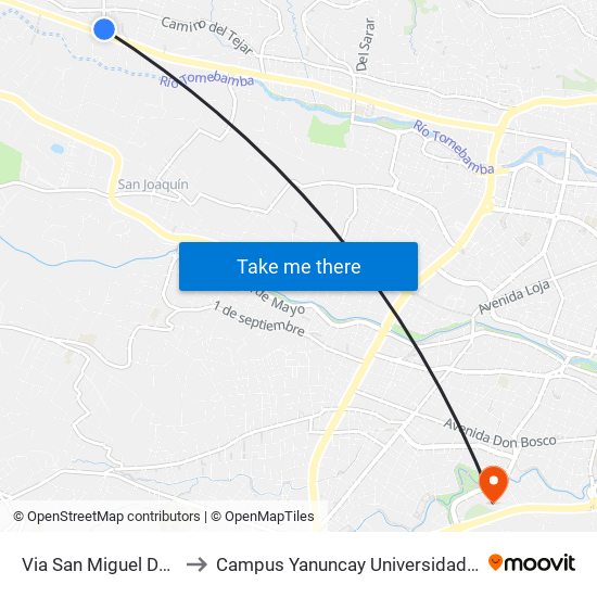 Via San Miguel De Putusi to Campus Yanuncay Universidad De Cuenca map