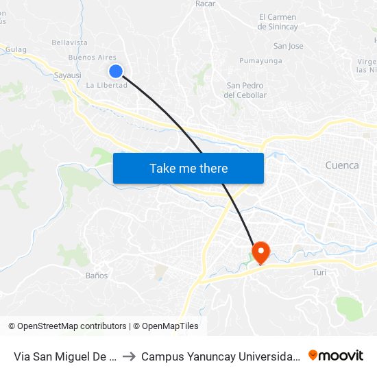 Via San Miguel De Putusi 5 to Campus Yanuncay Universidad De Cuenca map