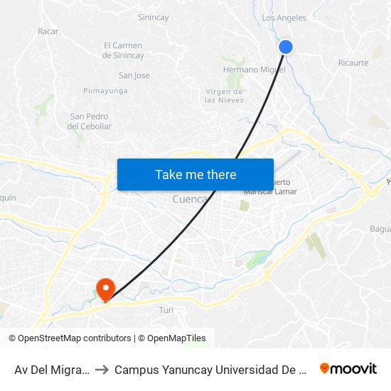 Av Del Migrante to Campus Yanuncay Universidad De Cuenca map