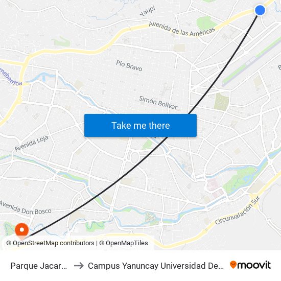 Parque Jacaranda to Campus Yanuncay Universidad De Cuenca map
