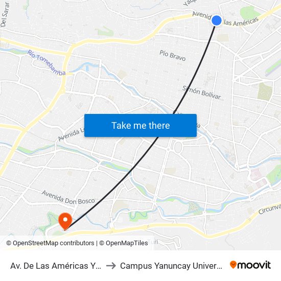 Av. De Las Américas Y Av. Miraflores to Campus Yanuncay Universidad De Cuenca map