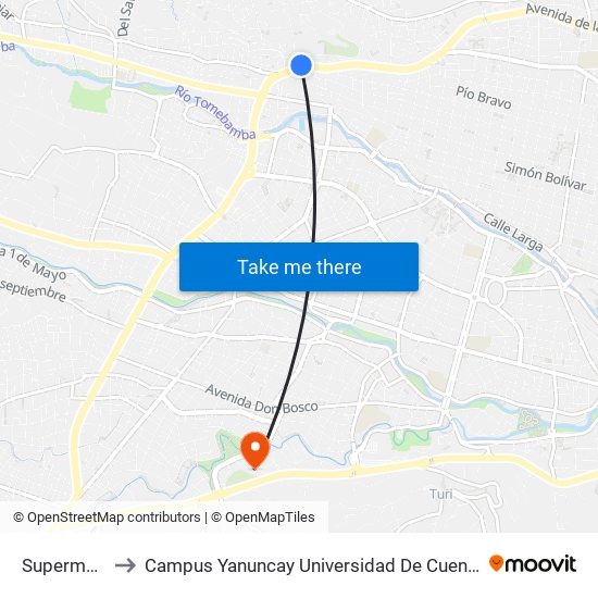 Supermaxi to Campus Yanuncay Universidad De Cuenca map