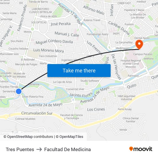 Tres Puentes to Facultad De Medicina map