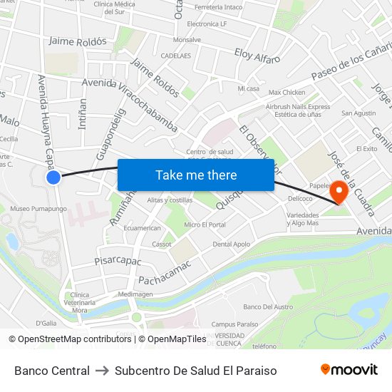 Banco Central to Subcentro De Salud El Paraiso map