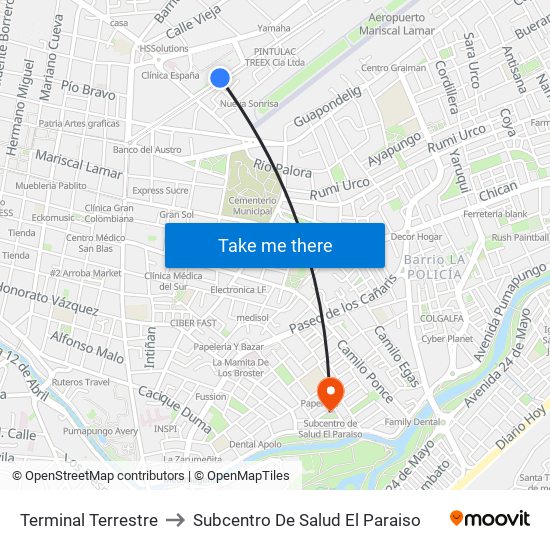 Terminal Terrestre to Subcentro De Salud El Paraiso map