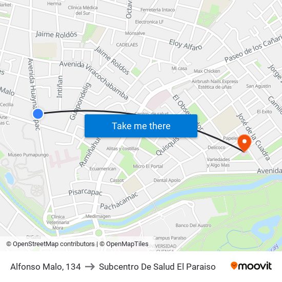 Alfonso Malo, 134 to Subcentro De Salud El Paraiso map