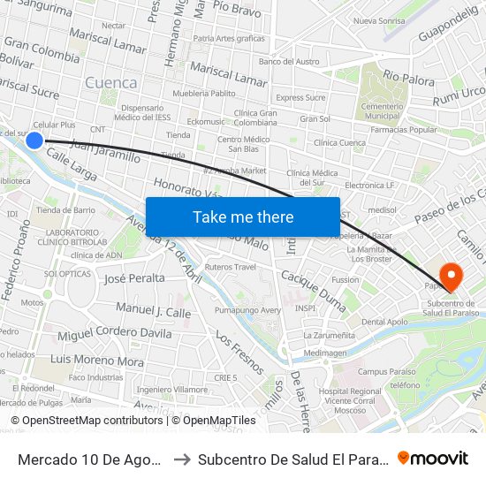 Mercado 10 De Agosto to Subcentro De Salud El Paraiso map