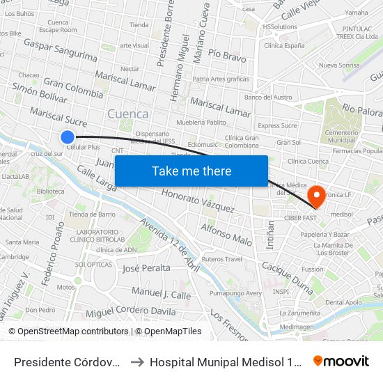 Presidente Córdova, 1175 to Hospital Munipal Medisol 12 De Abril map