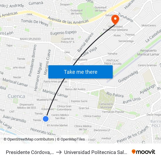 Presidente Córdova, 375 to Universidad Politecnica Salesiana map