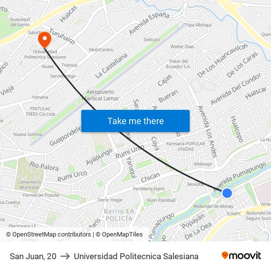 San Juan, 20 to Universidad Politecnica Salesiana map