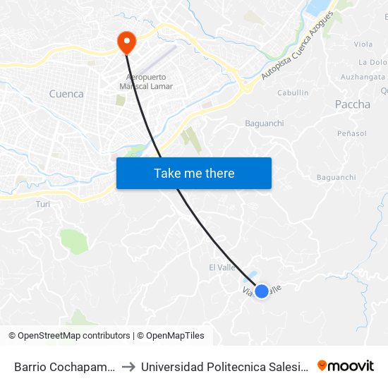 Barrio Cochapamba to Universidad Politecnica Salesiana map