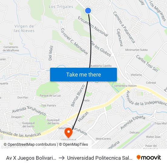Av X Juegos Bolivarianos to Universidad Politecnica Salesiana map