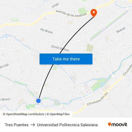 Tres Puentes to Universidad Politecnica Salesiana map