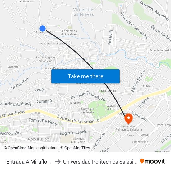 Entrada A Miraflores to Universidad Politecnica Salesiana map