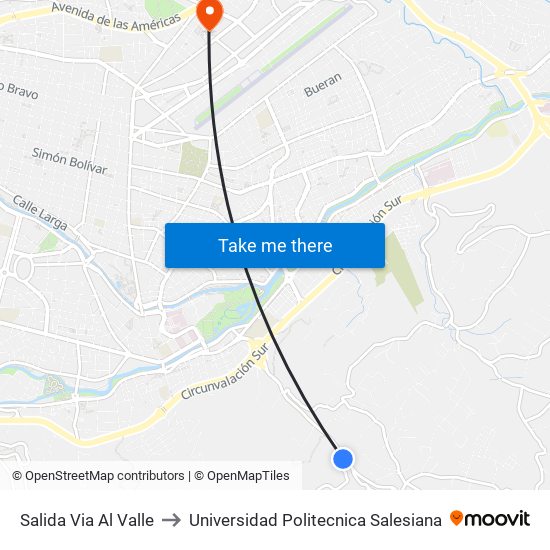 Salida Via Al Valle to Universidad Politecnica Salesiana map