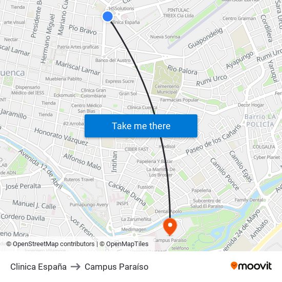 Clinica España to Campus Paraíso map