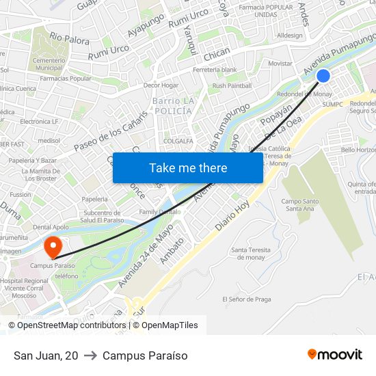 San Juan, 20 to Campus Paraíso map