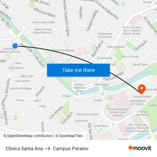 Clinica Santa Ana to Campus Paraíso map