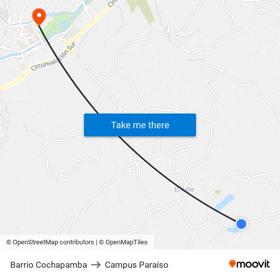 Barrio Cochapamba to Campus Paraíso map