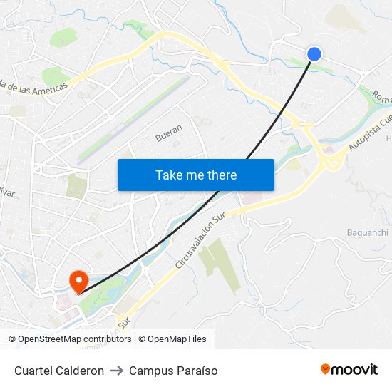 Cuartel Calderon to Campus Paraíso map