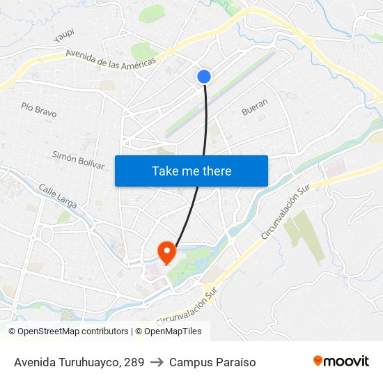 Avenida Turuhuayco, 289 to Campus Paraíso map
