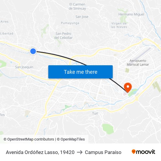 Avenida Ordóñez Lasso, 19420 to Campus Paraíso map