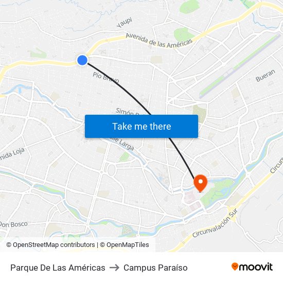 Parque De Las Américas to Campus Paraíso map