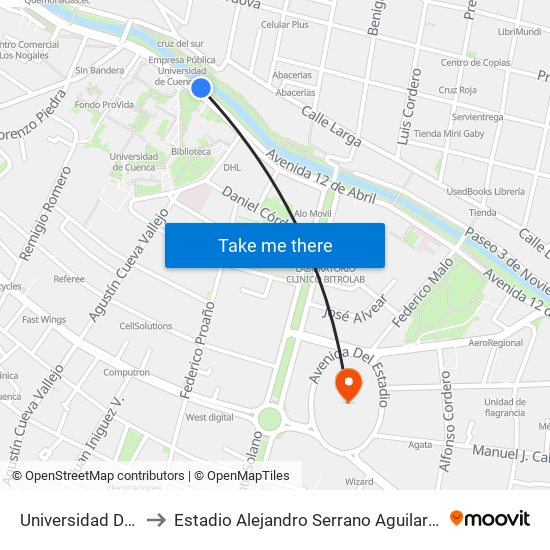 Universidad De Cuenca to Estadio Alejandro Serrano Aguilar Banco Del Austro map