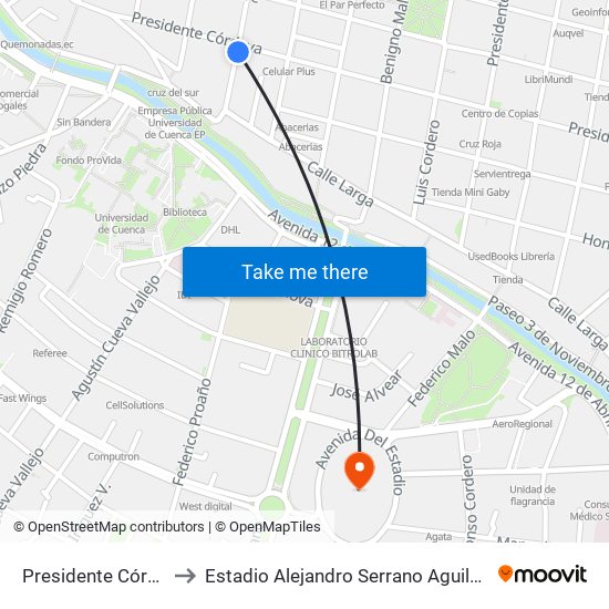 Presidente Córdova, 1175 to Estadio Alejandro Serrano Aguilar Banco Del Austro map