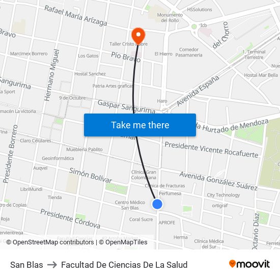 San Blas to Facultad De Ciencias De La Salud map