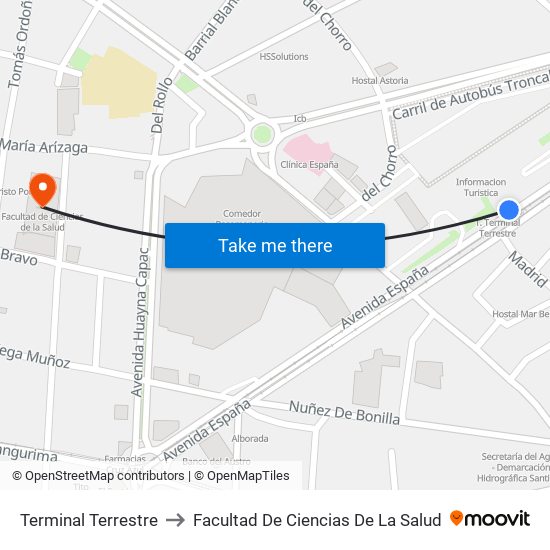 Terminal Terrestre to Facultad De Ciencias De La Salud map