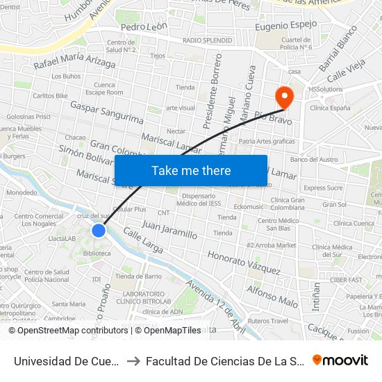 Univesidad De Cuenca to Facultad De Ciencias De La Salud map