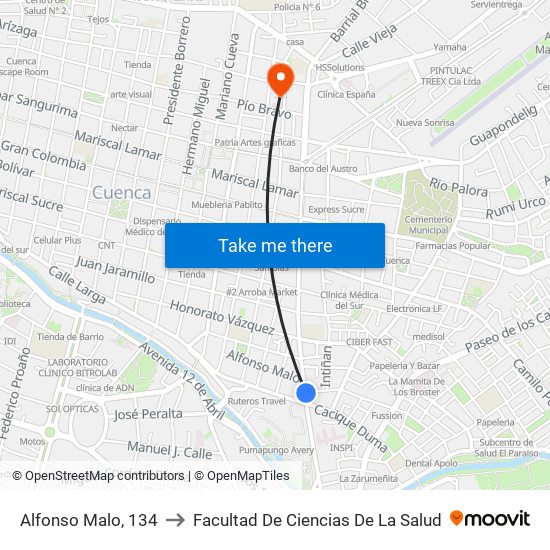 Alfonso Malo, 134 to Facultad De Ciencias De La Salud map