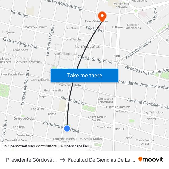 Presidente Córdova, 375 to Facultad De Ciencias De La Salud map