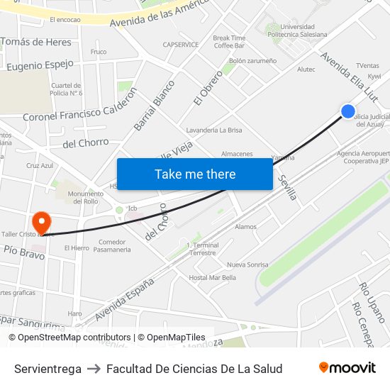 Servientrega to Facultad De Ciencias De La Salud map