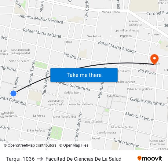 Tarqui, 1036 to Facultad De Ciencias De La Salud map