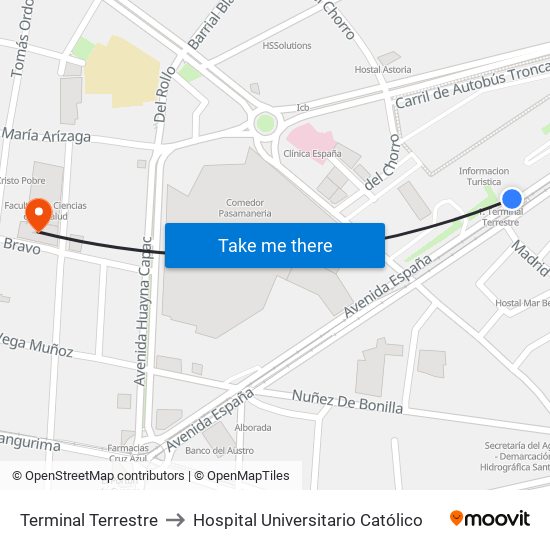 Terminal Terrestre to Hospital Universitario Católico map