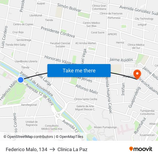 Federico Malo, 134 to Clínica La Paz map