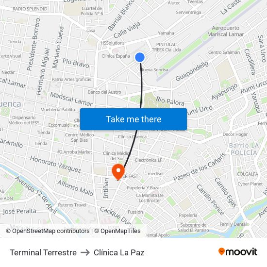 Terminal Terrestre to Clínica La Paz map