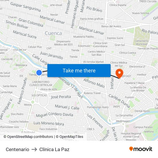 Centenario to Clínica La Paz map