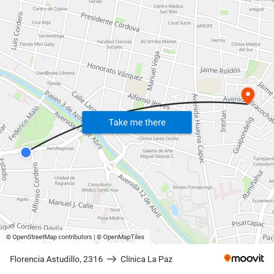 Florencia Astudillo, 2316 to Clínica La Paz map