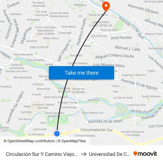 Circulación Sur Y Camino Viejo A Baños to Universidad De Cuenca map