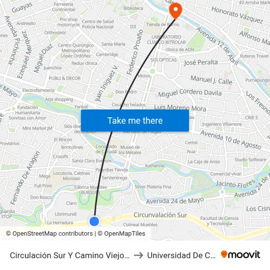 Circulación Sur Y Camino Viejo A Baños to Universidad De Cuenca map
