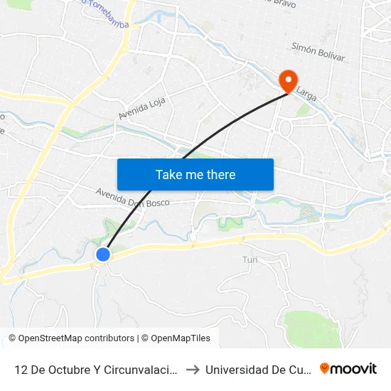 12 De Octubre Y Circunvalacion Sur to Universidad De Cuenca map