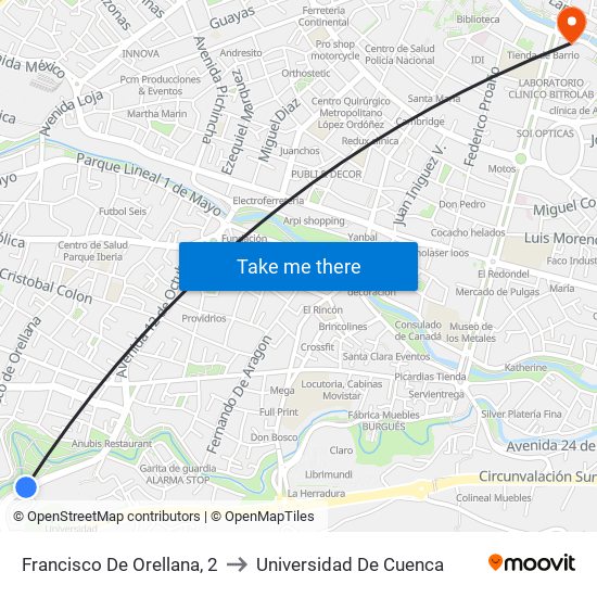 Francisco De Orellana, 2 to Universidad De Cuenca map