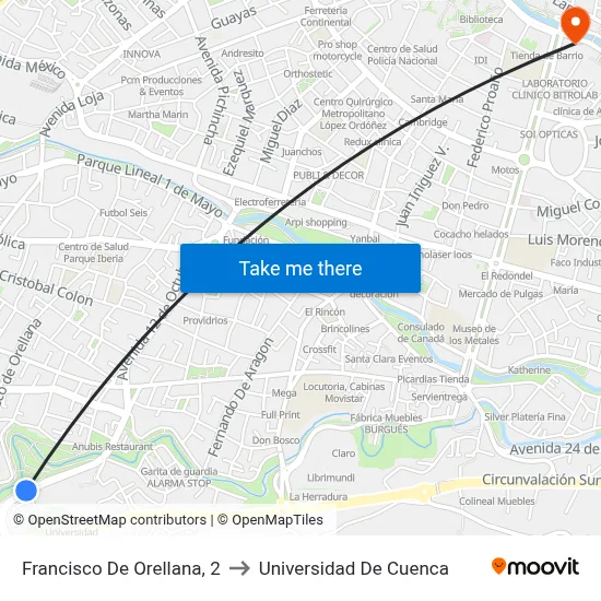 Francisco De Orellana, 2 to Universidad De Cuenca map