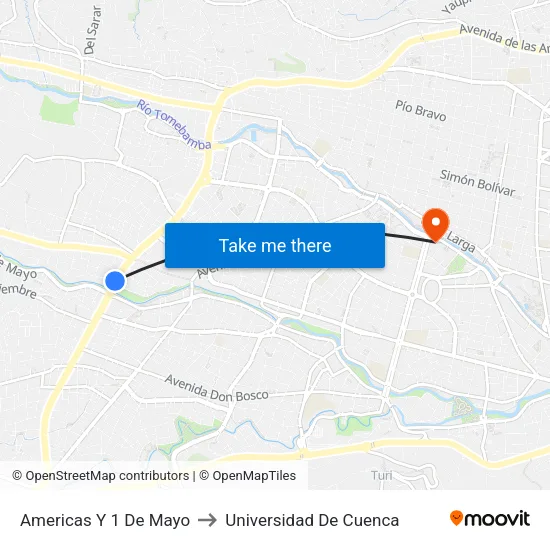 Americas Y 1 De Mayo to Universidad De Cuenca map