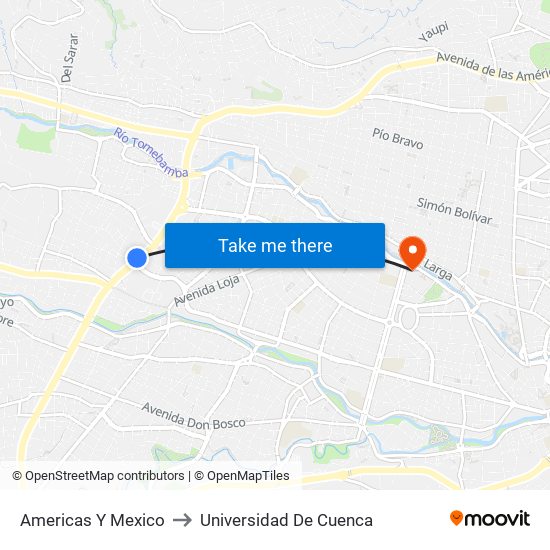 Americas Y Mexico to Universidad De Cuenca map